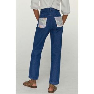 Carleen x Anthropologie Carleen Floral Patch Straight Leg High Waist Denim Jeans